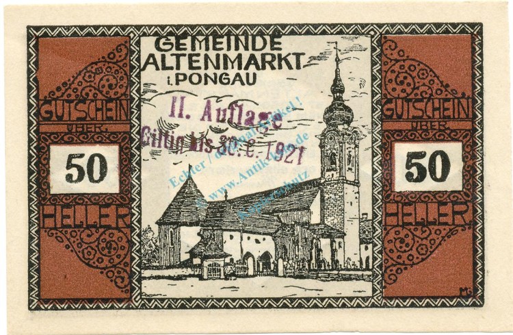 Altenmarkt , Notgeld 50 Heller -verlängert- unc-kfr. K-K.31.b , Salzburg o.D. Österreich -0485-