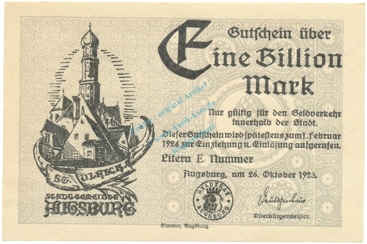 Augsburg , Banknote 1 Billion --MUSTER-- unc-kfr. Ke.195.b , BAY 1923 Inflation -3657-