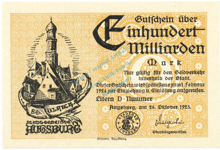 Augsburg , Banknote 100 Milliarden --MUSTER-- unc-kfr. Ke.195.a , BAY 1923 Inflation -3656-