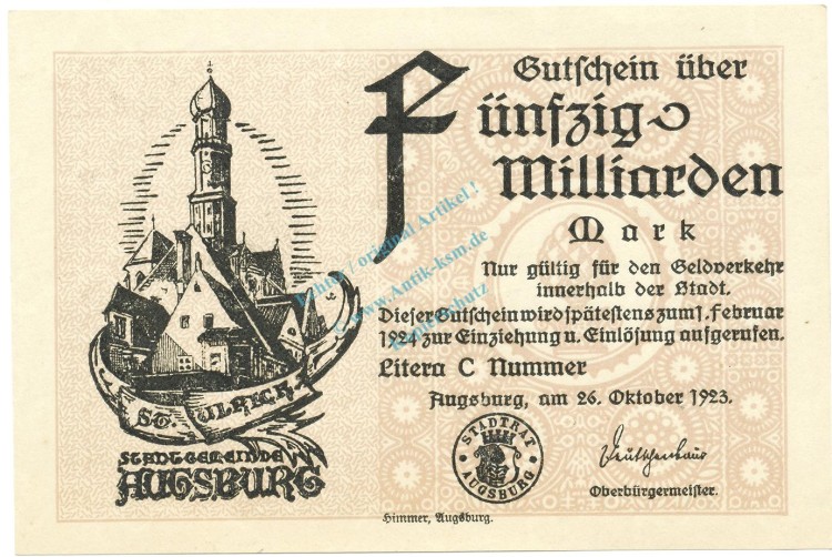 Augsburg , Banknote 50 Milliarden --MUSTER-- unc-kfr. Ke.195.a , BAY 1923 Inflation -3655-
