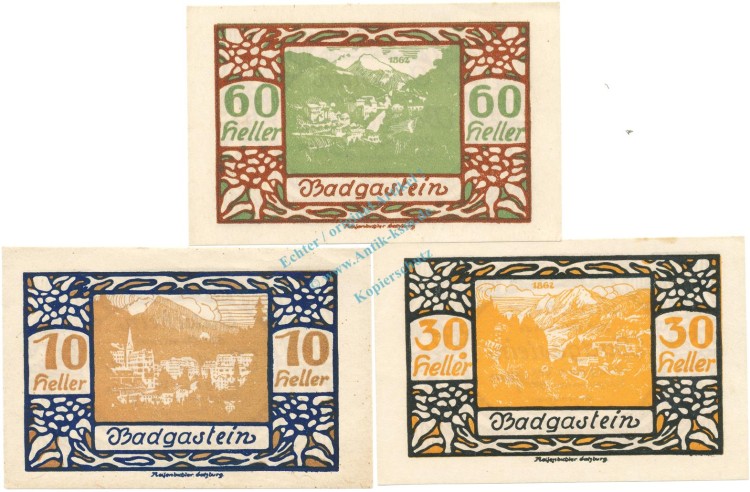 Bad Gastein , Notgeld Set 3 Scheine unc-kfr. K-K.75 , o.D. Salzburg -0500-