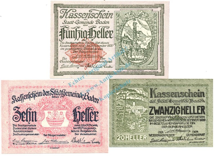 Baden , Notgeld Set 3 Scheine unc-kfr. K-K.74 , o.D. Nieder Österreich -0499-