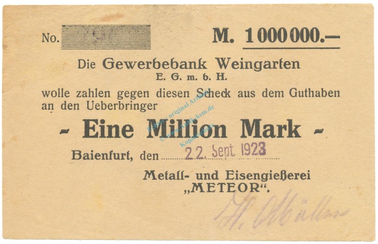 Baienfurt , Banknote 1 Million Mark Scheck f-kfr. Ke.217.c , WÜR 1923 Inflation -3670-