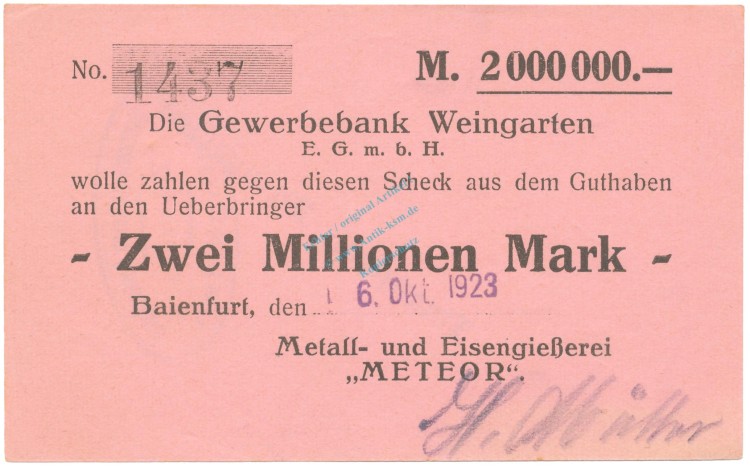 Baienfurt , Banknote 2 Millionen Mark Scheck unc-kfr. Ke.217.e , WÜR 1923 Inflation -3671-