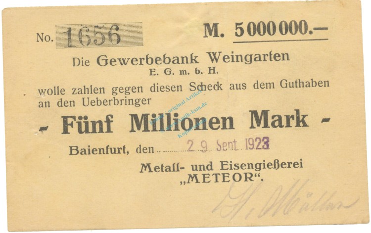 Baienfurt , Banknote 5 Millionen Mark Scheck gbr. Ke.217.d , WÜR 1923 Inflation -3672-