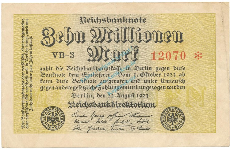 Banknote , 10 Millionen Mark --KN 5-- gbr. DEU-118.f, Ros.105, P.106 , 1923 Inflation -1326-