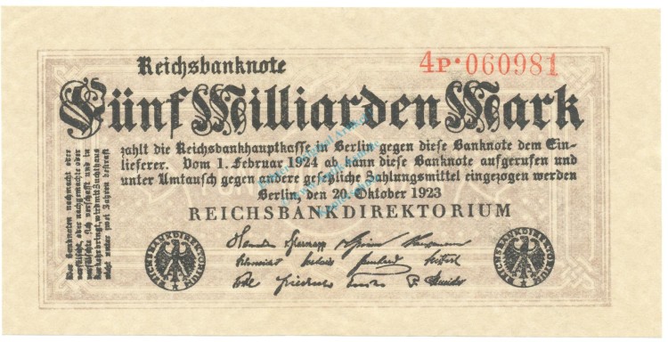 Banknote , 5 Milliarden Mark Schein unc-kfr. DEU-145.d, Ros.120, P.123 , 1933 Inflation -1325-