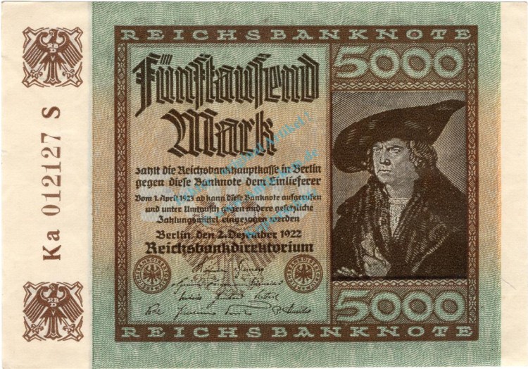 Banknote , 5.000 Mark Schein kfr. DEU-91.e, Ros.80, P.81 , 1922 Inflation -1328-