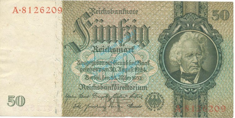 Banknote , 50 Mark Schein -M- F-kfr. DEU-120.a.7, Ros.175, P.182 , 1933 drittes Reich -1327-