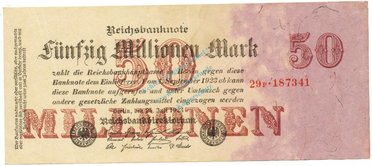 Banknote , 50 Millionen Mark Schein in f-kfr. DEU-109.b, Ros.97, M.98 , Inflation 1923 -1321-