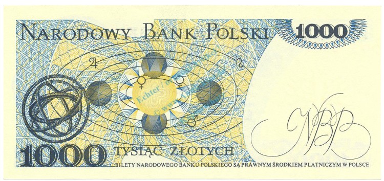Banknote Polen , 1.000 Zloty Schein unc-kfr. 1982, -Copernicus- WPM.146 -0343-