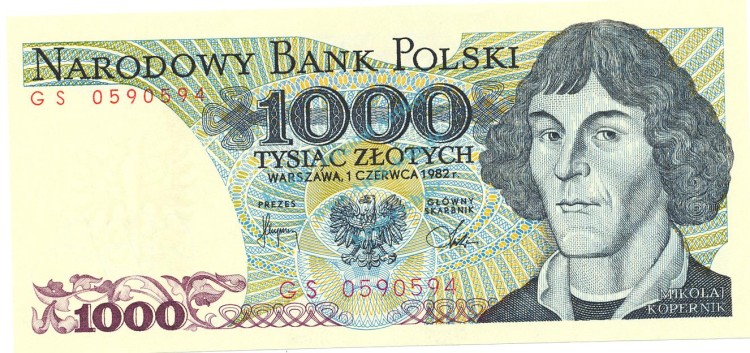 Banknote Polen , 1.000 Zloty Schein unc-kfr. 1982, -Copernicus- WPM.146 -0343-