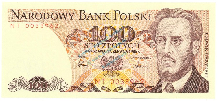 Banknote Polen , 100 Zloty Schein unc-kfr. 1986, -L.Warynski- WPM.143 -0341-