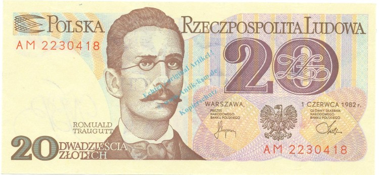 Banknote Polen , 20 Zloty Schein unc-kfr. 1982, -R. Traugutt- WPM.149 -0344-