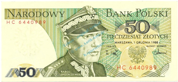 Banknote Polen , 50 Zloty Schein unc-kfr. 1988, -K.Swierczewski- WPM.142 -0340-