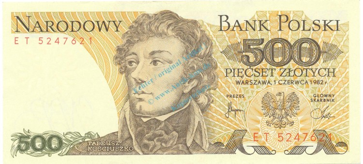 Banknote Polen , 500 Zloty Schein unc-kfr. 1982, -T.Kosciuszko- WPM.145 -0342-