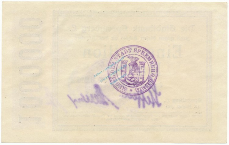 Banknote Stadtbank Spremberg , 1 Million Mark Schein in kfr. Keller 4838.II.L , von 1923 , Brandenburg Inflation
