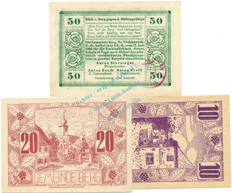 Berg , Notgeld Set 3 Scheine unc-kfr. K-K.81.b , 1920 Ober Österreich -0503-