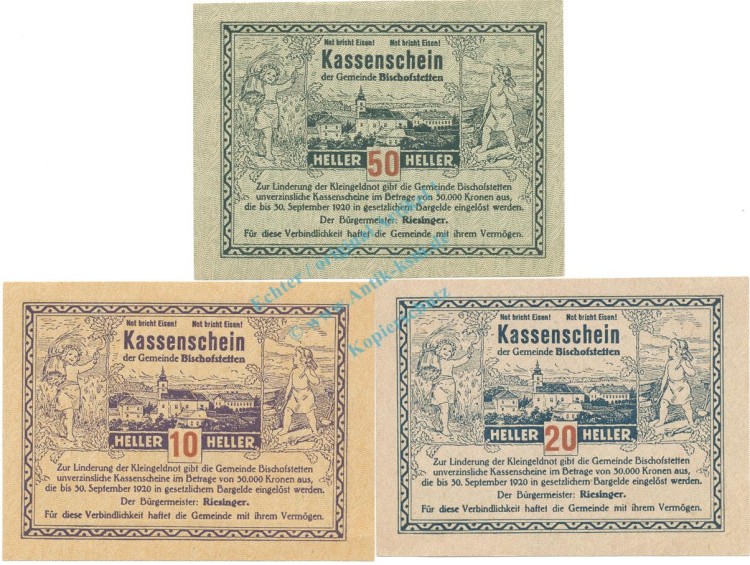 Bischofstetten , Notgeld Set 3 Scheine unc-kfr. K-K.92 , o.D. Nieder Österreich -0505-