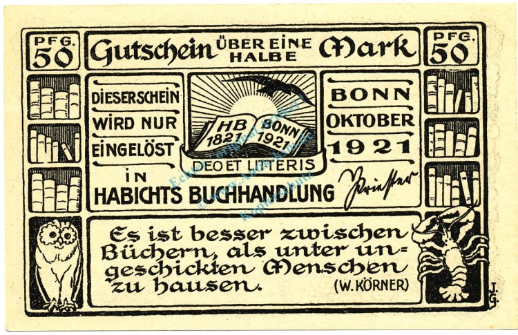Bonn , Notgeld 50 Pfennig Schein Nr.1 unc-kfr. M-G.140.1.a , NW 1921 Seriennotgeld -5851-