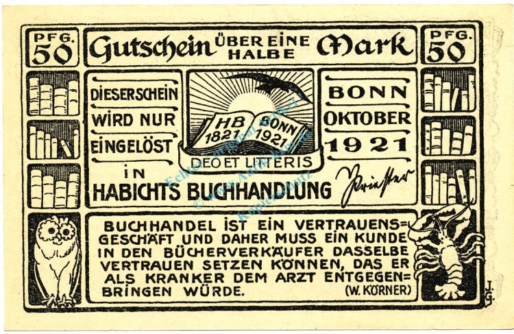 Bonn , Notgeld 50 Pfennig Schein Nr.2 unc-kfr. M-G.140.1.a , NW 1921 Seriennotgeld -5850-