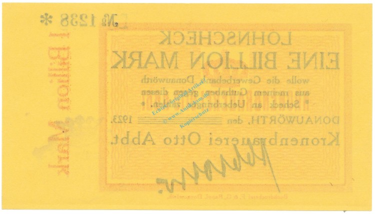 Donauwörth , Banknote 1 Billion Mark --o.Datum-- unc-kfr. Ke.1046... BAY 1923 Inflation -3667-