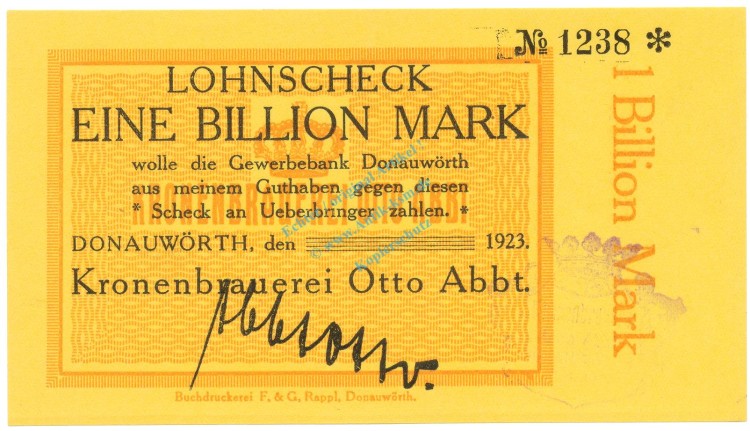 Donauwörth , Banknote 1 Billion Mark --o.Datum-- unc-kfr. Ke.1046... BAY 1923 Inflation -3667-
