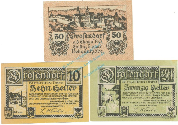Drosendorf , Notgeld Set 3 Scheine unc-kfr. K-K.134 , o.D. Nieder Österreich -0515-