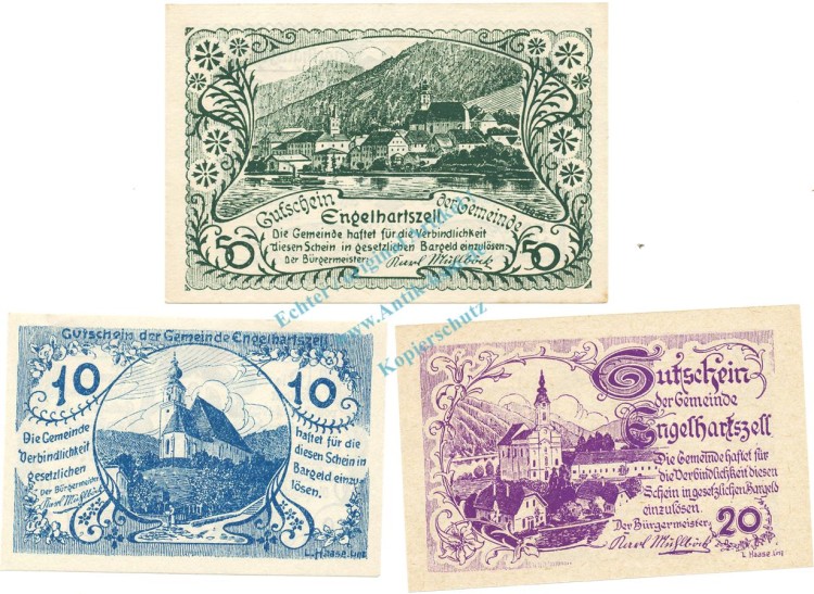 Engelhartzell , Notgeld Set 3 Scheine unc-kfr. K-K.172 , 1920 Ober Österreich -0523-