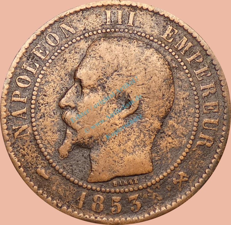 Frabkreich , 10 Centesimi Münze 1853.B -Napoleon III.- KM.771 s-ss -0347-