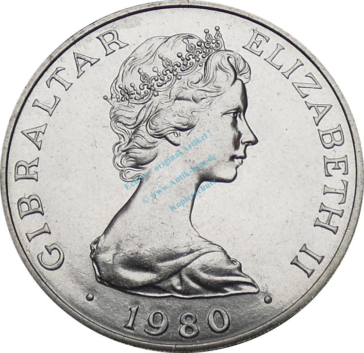 Vorlage MÜNZEN - MEHRFACH Gibraltar , 1 Crown Münze 1980 -80. Geburtstag Queen Mother- KM.11 vz-stgl -0274-