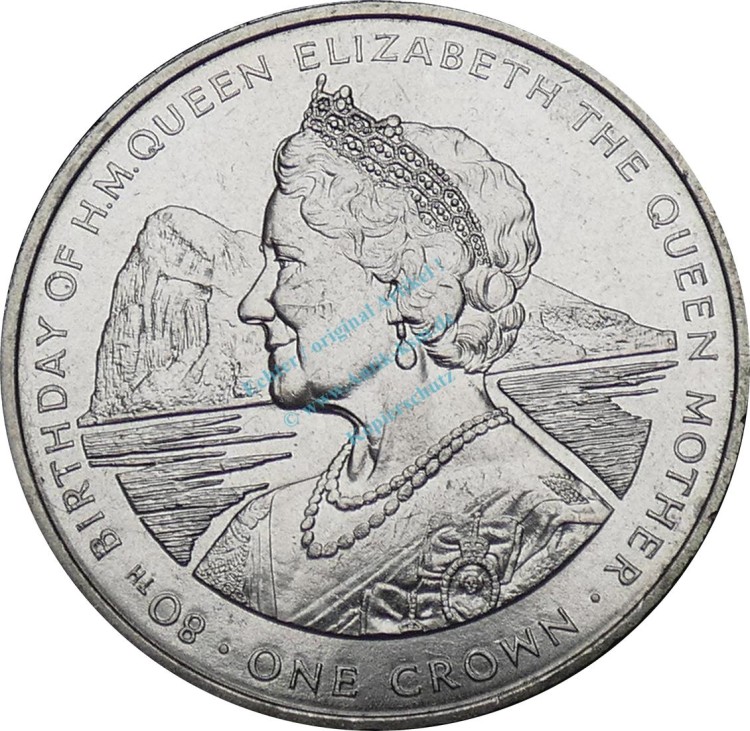 Gibraltar , 1 Crown Münze 1980 -80. Geburtstag Queen Mother- KM.11 vz-stgl -0274-