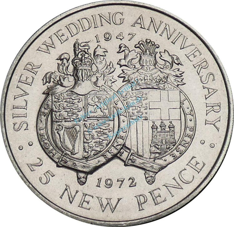 Gibraltar , 25 Pence Münze 1972 -Silver Wedding Anniversery- KM.6 vz-stgl -0297-