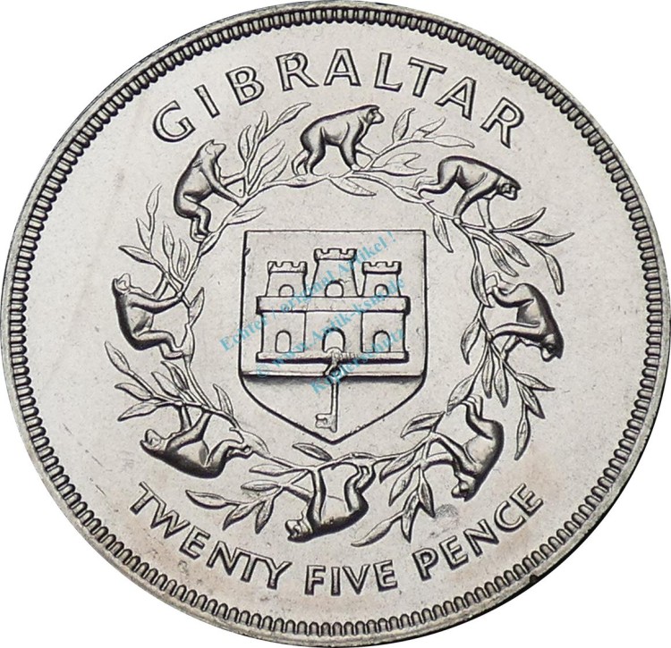 Gibraltar , 25 Pence Münze 1977 -Elizabeth II- KM.10 vz-stgl -0263-