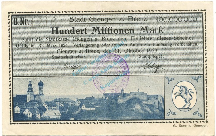 Giengen , Banknote 100 Millionen Mark Schein L-gbr. Ke.1784 , WÜR 1923 Inflation -3668-