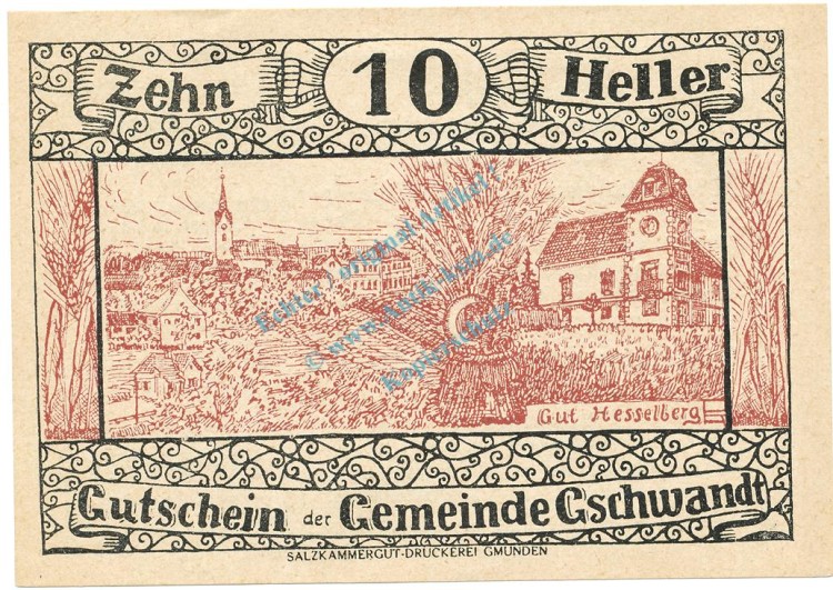 Gschwandt , Notgeld 10 Heller -Druckfehler- unc-kfr. K-K.305.b , 1920 Ober Österreich -0525-