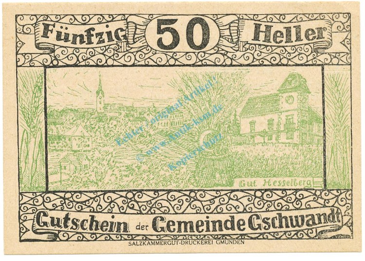 Gschwandt , Notgeld 50 Heller -Druckfehler- unc-kfr. K-K.305.b , 1920 Ober Österreich -0526-
