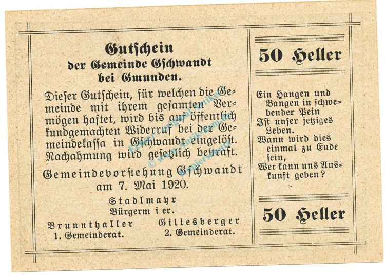 Gschwandt , Notgeld 50 Heller -Druckfehler- unc-kfr. K-K.305.b , 1920 Ober Österreich -0526-