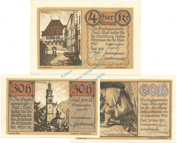 Hall , Notgeld Set 3 Scheine unc-kfr. K-K.342.II.c , o.D. Tirol -0546-