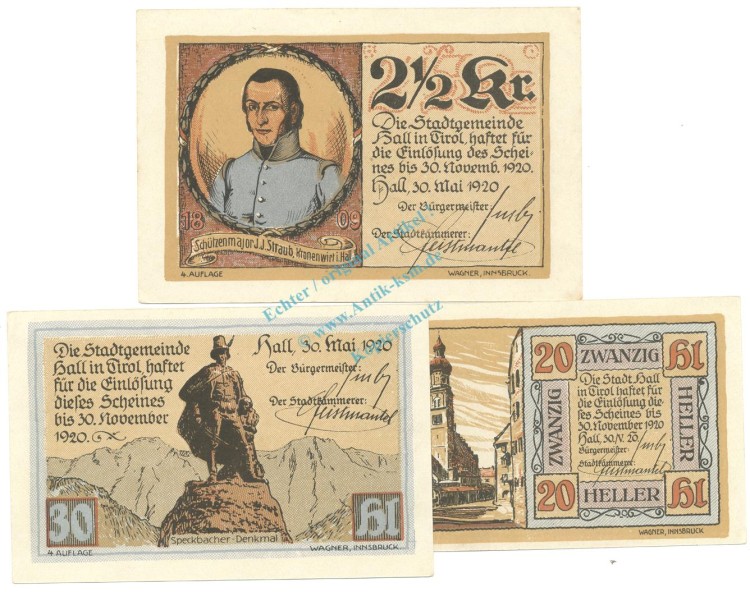 Hall , Notgeld Set 3 Scheine unc-kfr. K-K.342.II.d , o.D. Tirol -0547-