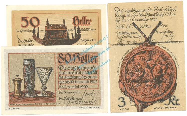 Hall , Notgeld Set 3 Scheine unc-kfr. K-K.342.II.a , o.D. Tirol -0544-