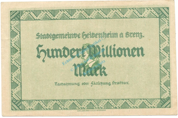 Heidenheim , Banknote 100 Millionen  L-gbr. Ke.2283.f , WÜR 1923 Inflation -3659-