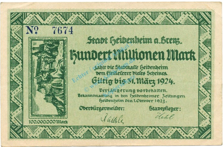 Heidenheim , Banknote 100 Millionen  L-gbr. Ke.2283.f , WÜR 1923 Inflation -3659-