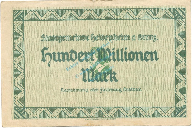 Heidenheim , Banknote 100 Millionen Mark gbr. Ke.2283.f , WÜR 1923 Inflation -3660-