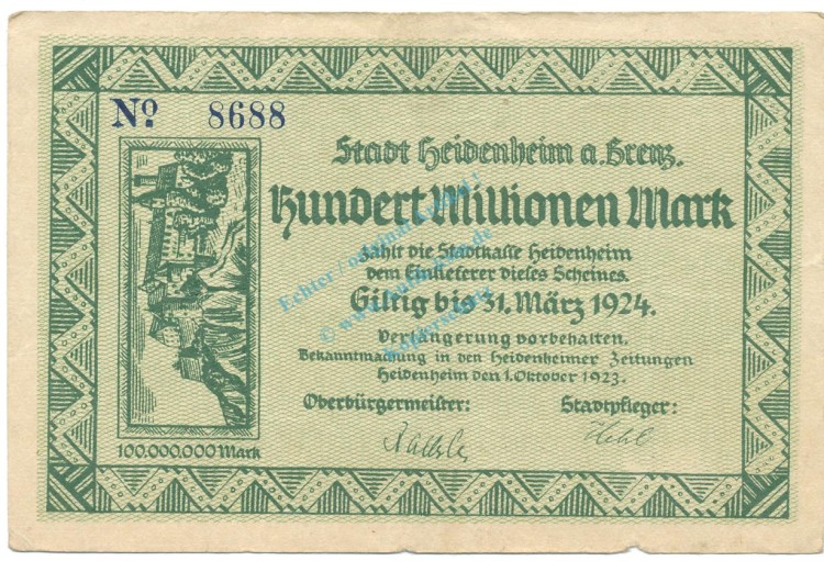 Heidenheim , Banknote 100 Millionen Mark gbr. Ke.2283.f , WÜR 1923 Inflation -3660-
