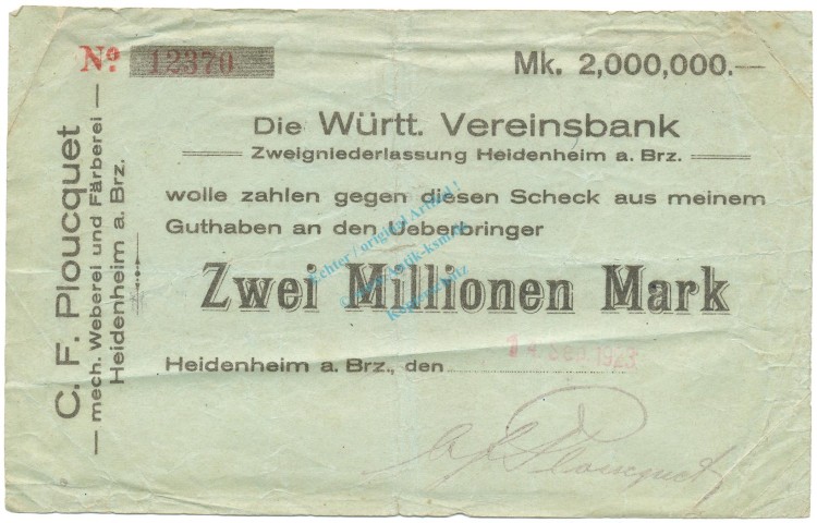 Heidenheim , Banknote 2 Millionen Mark gbr-. Ke.2287... WÜR 1923 Inflation -3650-