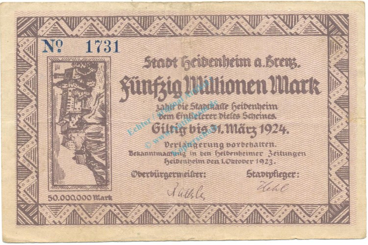 Heidenheim , Banknote 50 Millionen Mark gbr. Ke.2283.f , WÜR 1923 Inflation -3661-