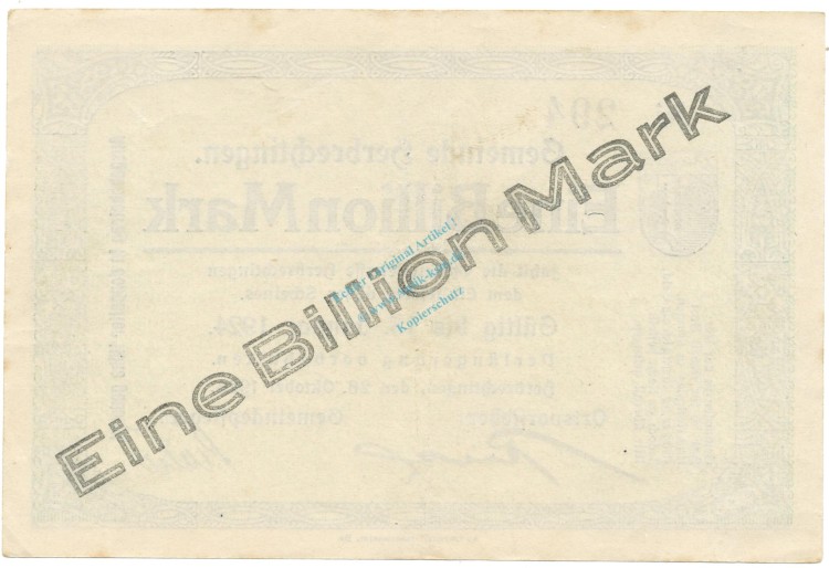 Herbrechtingen , Banknote 1 Billion Mark f-kfr. Ke.2325.d , WÜR 1923 Inflation -3646-
