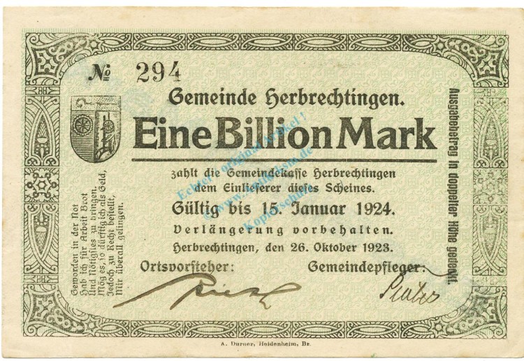 Herbrechtingen , Banknote 1 Billion Mark f-kfr. Ke.2325.d , WÜR 1923 Inflation -3646-