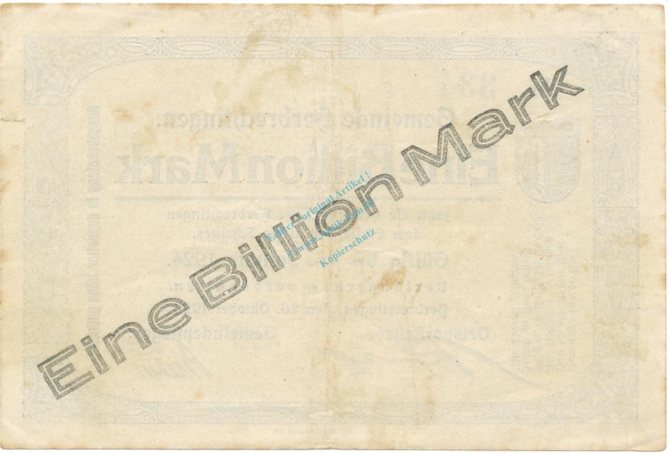 Herbrechtingen , Banknote 1 Billion Mark gbr. Ke.2325.d , WÜR 1923 Inflation -3647-